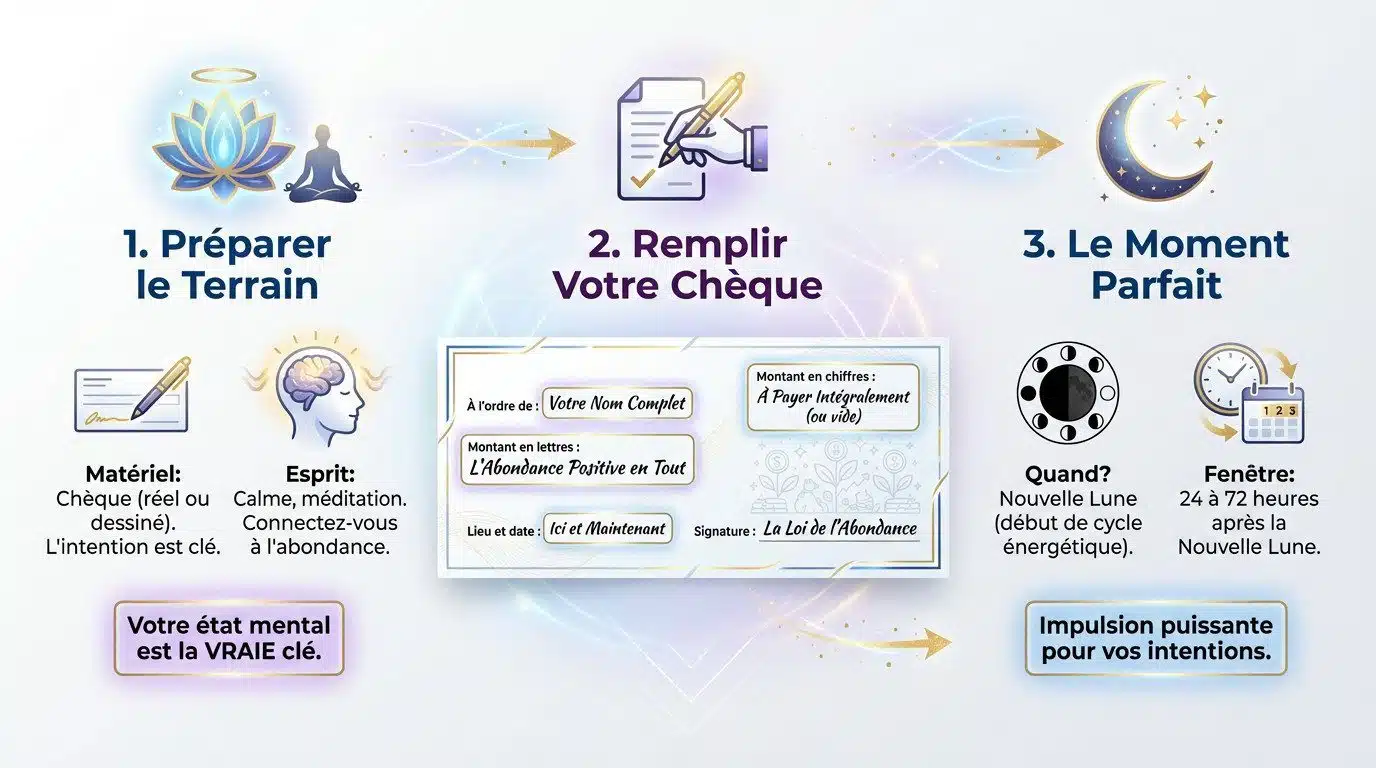 Infographie expliquant les 3 étapes du protocole du chèque d'abondance
