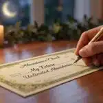 Close-up of a hand writing 'Unlimited Abundance' on a stylized check with a golden pen on a wooden table. Candles and a crescent moon are in the soft background.