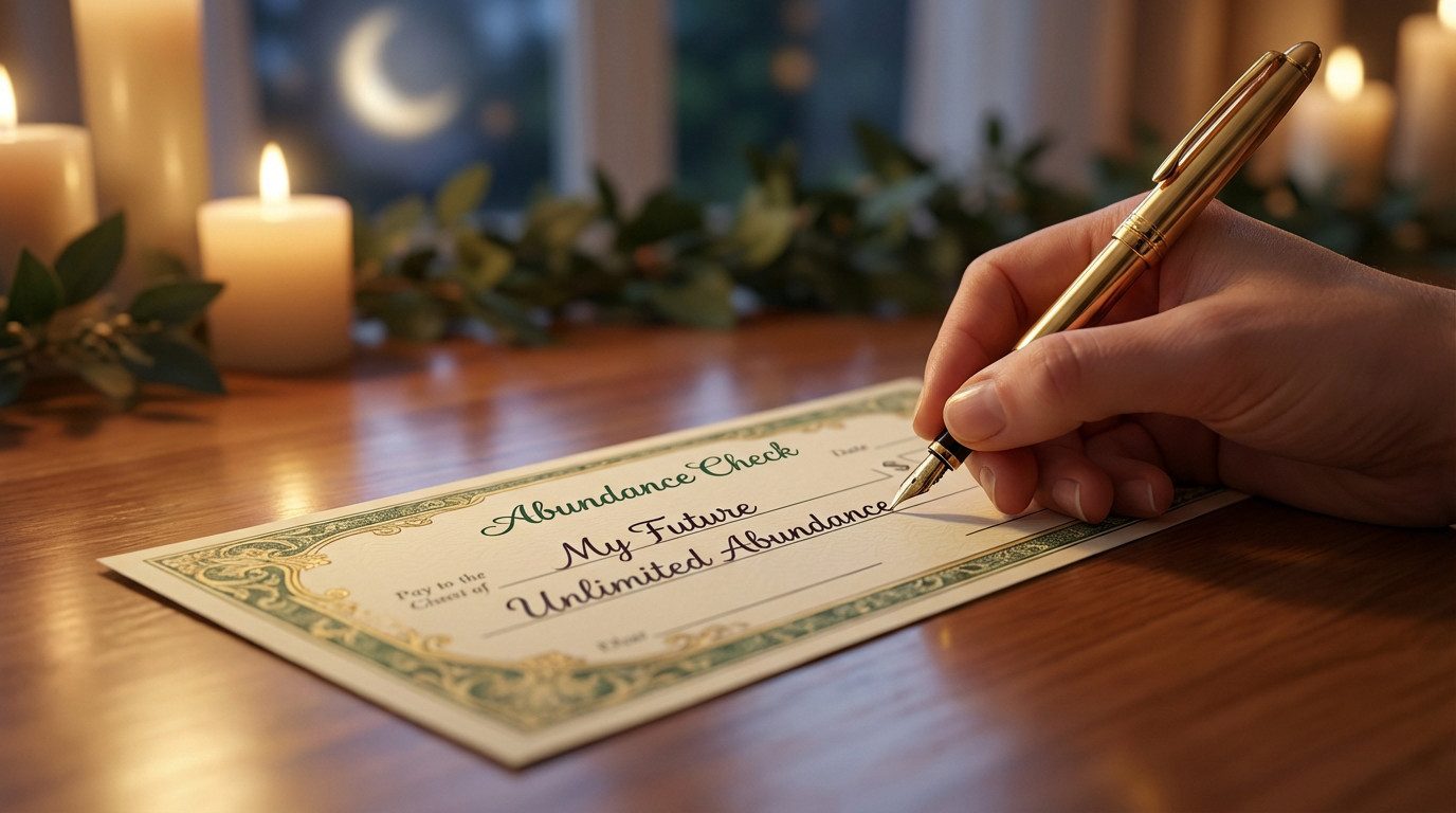 Close-up of a hand writing 'Unlimited Abundance' on a stylized check with a golden pen on a wooden table. Candles and a crescent moon are in the soft background.