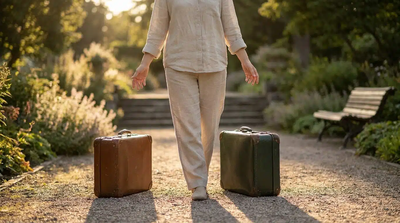 Méditation guidée - Posez vos valises 4 Une personne s'éloigne de deux valises vintage sur un chemin ensoleillé, symbolisant le lâcher-prise et la liberté mentale.