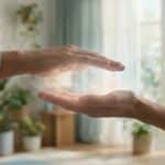 Deux mains se faisant face avec une lueur lumineuse entre elles, symbolisant une séance de soin énergétique Reiki.