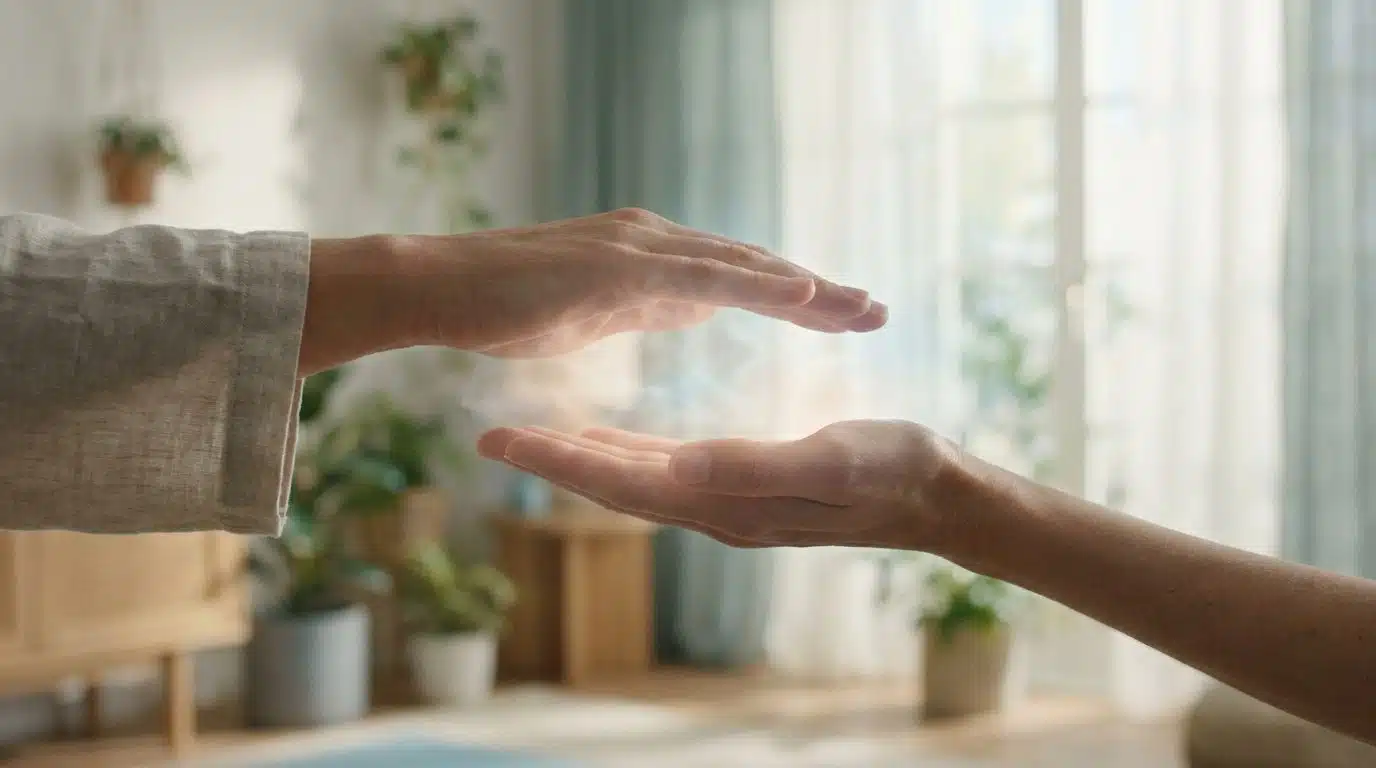 Reiki : Comprendre l’énergie par les mains Deux mains se faisant face avec une lueur lumineuse entre elles, symbolisant une séance de soin énergétique Reiki.